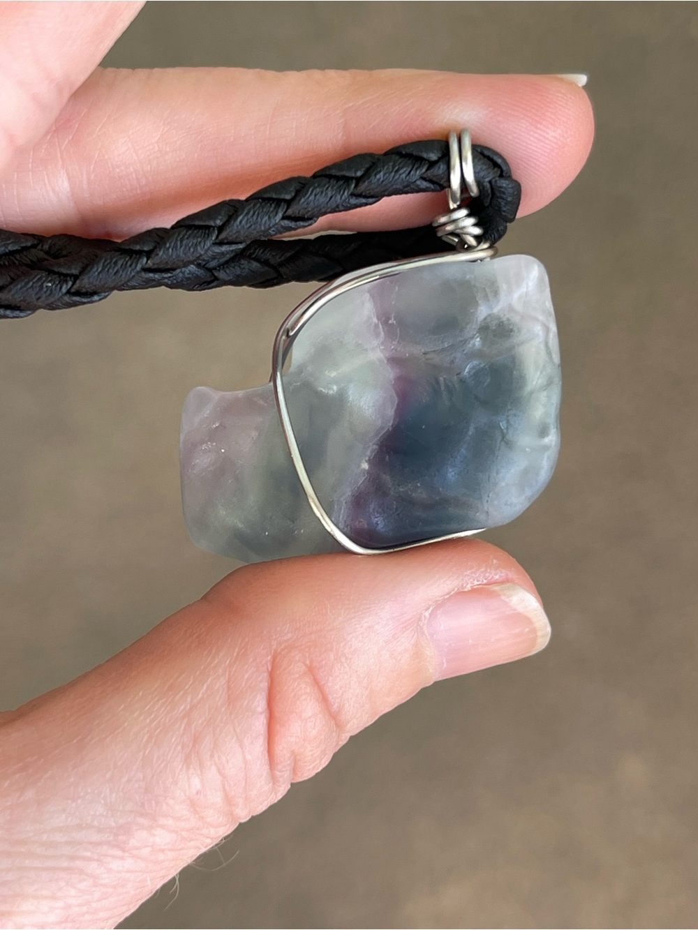 Fluorite Crystal Dragon Head Necklace on Black Braided Chain Unisex Handmade